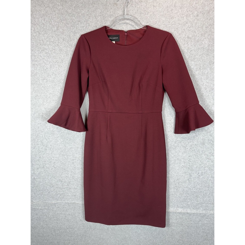 Donna Morgan Dress Womens‎ 2 Burgundy Sheath Bell Sleeve Cocktail Career